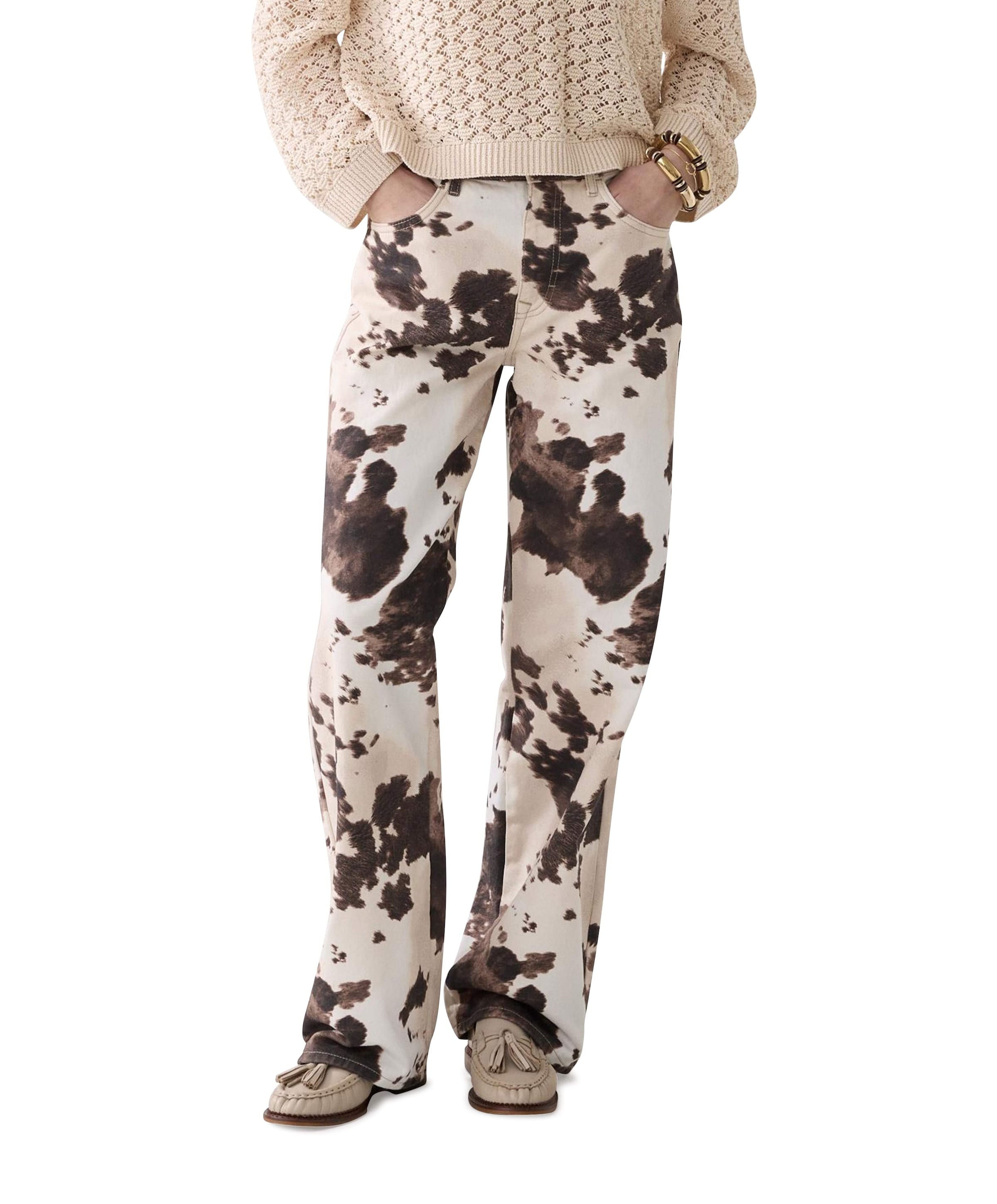 Baggy straight Cow printed twill dames broek ecru