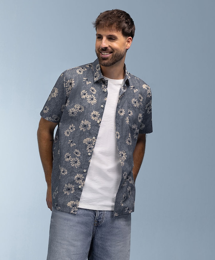 Heren overhemd korte mouw blauw