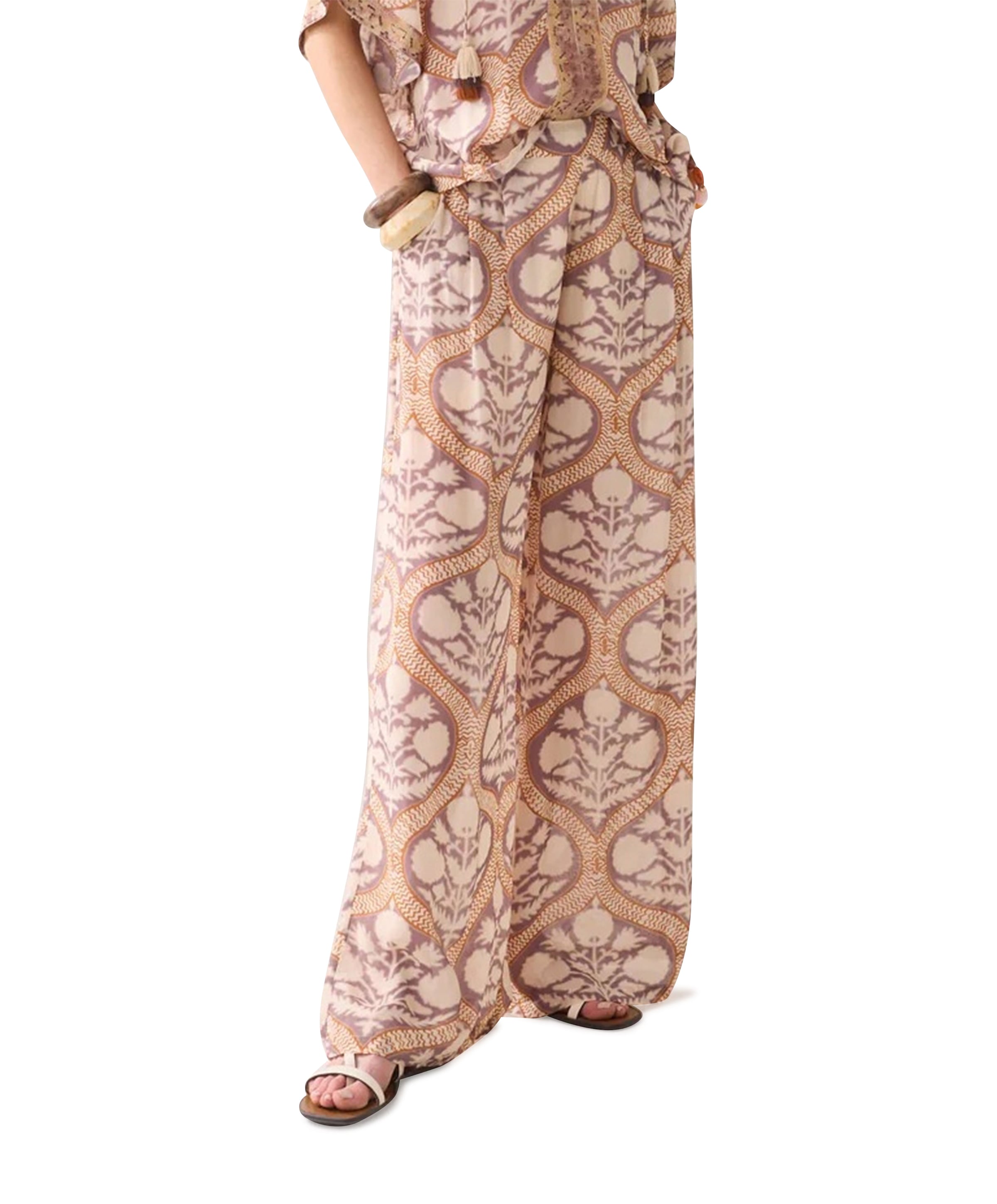 Art deco print dames broek beige