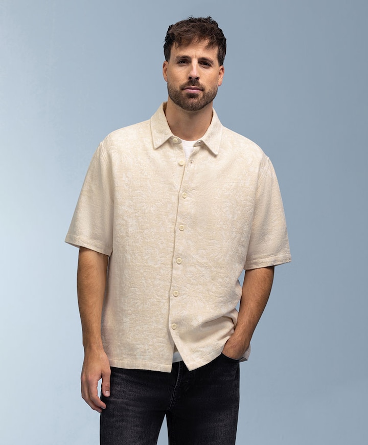 Heren overhemd korte mouw beige