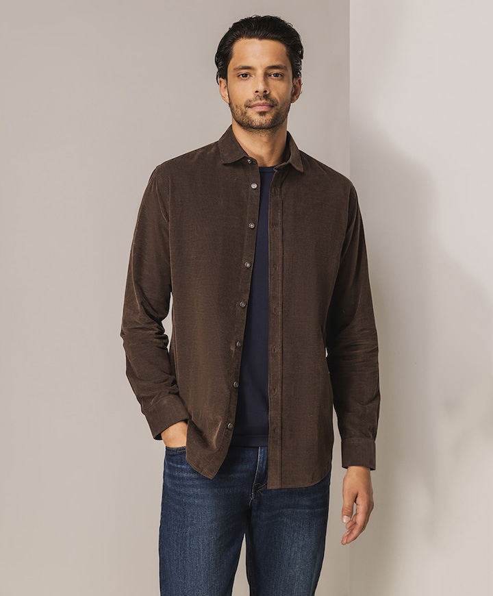 Heren overhemd lange mouw bruin