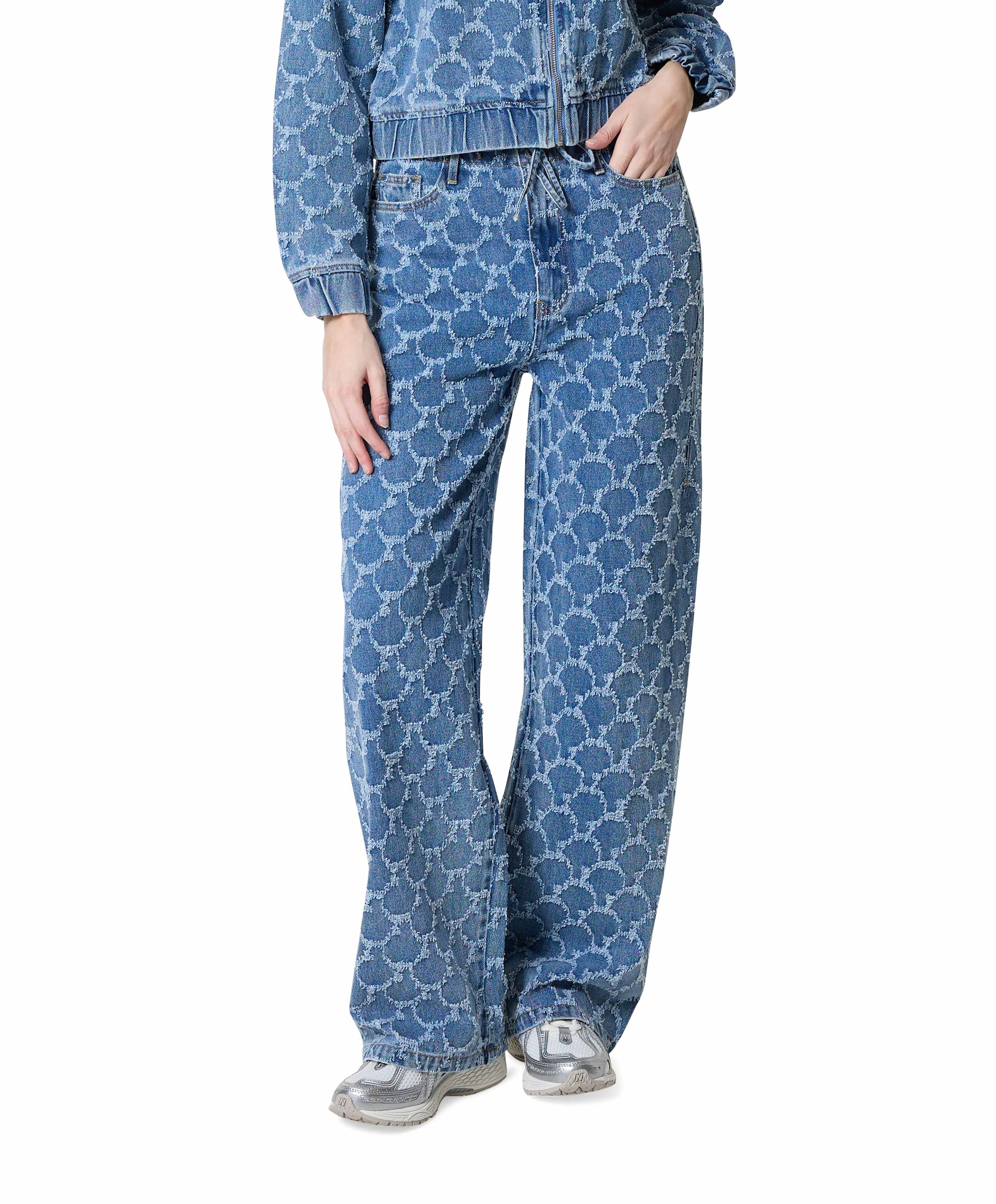 wide jacquard circles dames jeans blauw