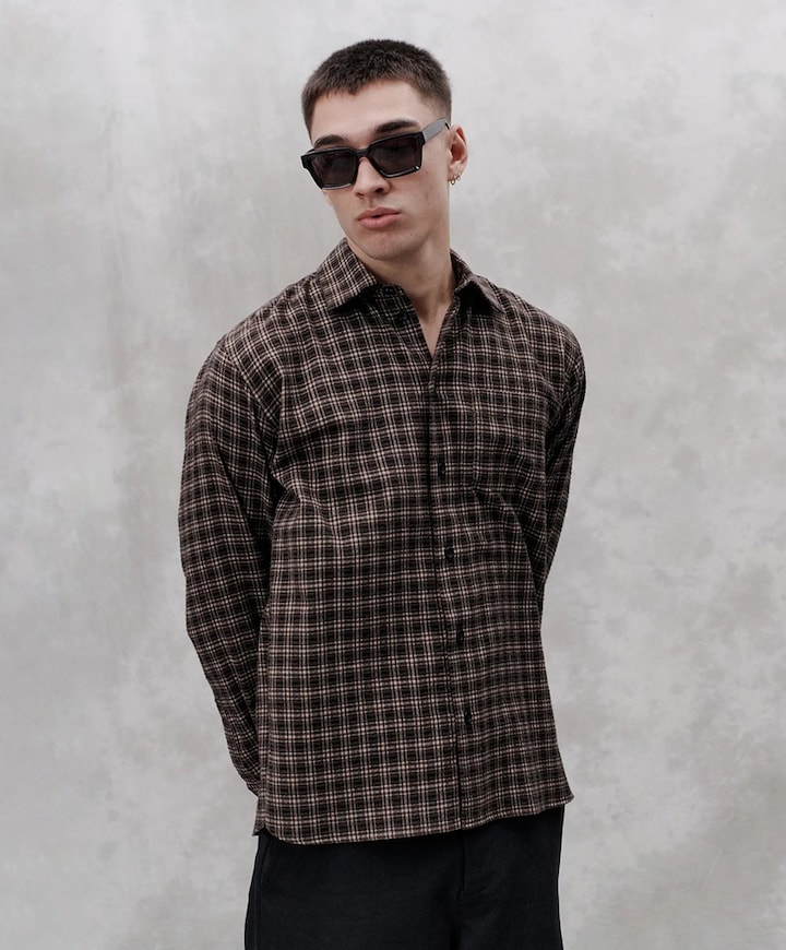 Heren overhemd lange mouw bruin