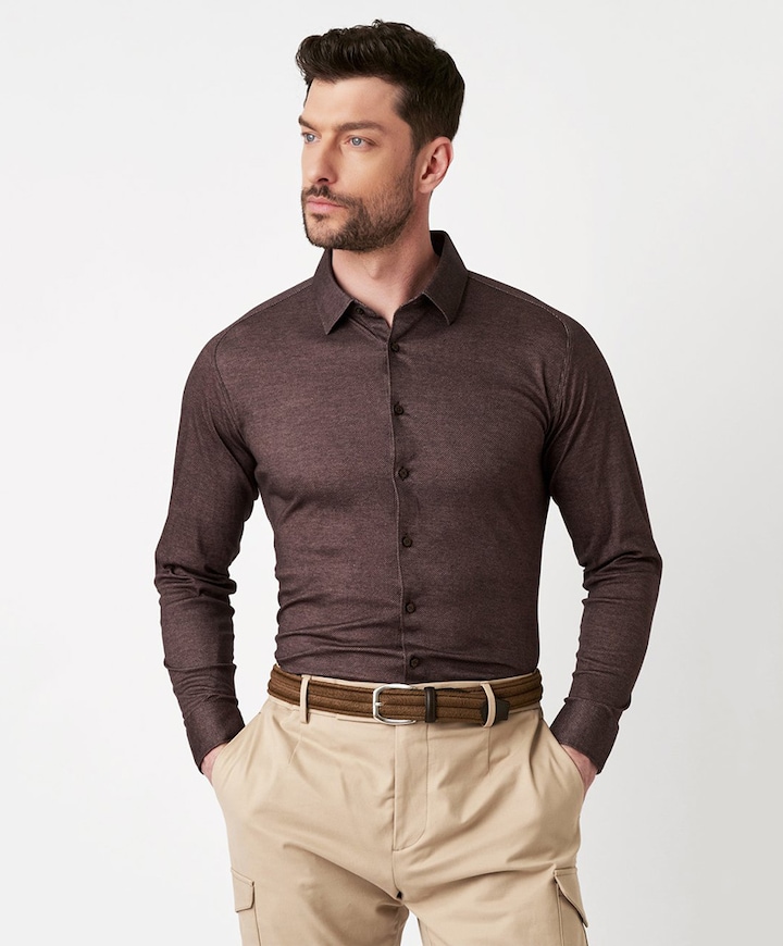 Heren overhemd lange mouw bruin